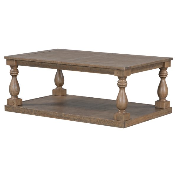 Vintage Coffee Table with Artistic Vase Column Legs and Luxurious Pine Veneer, Boasting Timeless Charm for Living Room & Study