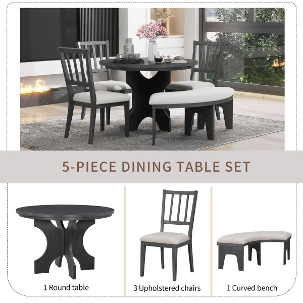 4-174.jpg 5-Piece Rustic Round Dining Set with 3 Upholstered Chairs & Curved Bench for Kitchen, Dining & Living Room