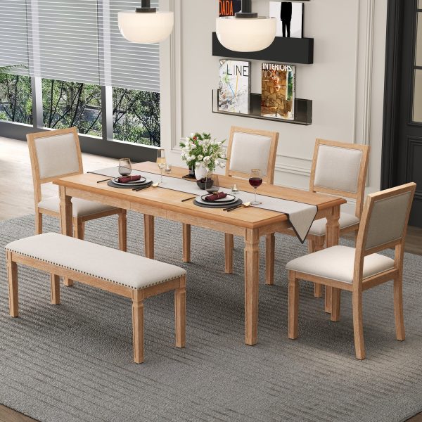 4-177.jpg Vintage Extendable Dining Set for 6 with 4 Chairs & 1 Bench, 59"-72" Rustic Farmhouse Table Set Featuring Distressed Finish & Retro Carved Legs