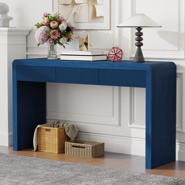 Rustic Console Table with 3 Fluted Drawers, Solid Wood Veneer Entryway Table with Natural Wood Grain for Living Room & Hallway