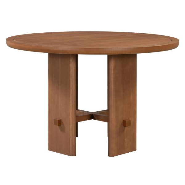5-Piece Round Dining Set for 4, Minimalist Farmhouse Style Table with 4 Solid Wood Upholstered Chairs for Kitchen & Dining Room