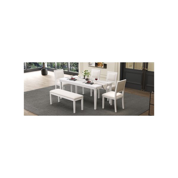 Vintage Extendable 6-Person Dining Set with 4 Chairs & Bench, 59-72 Inch Rustic Farmhouse Kitchen Table with Distressed Finish & Retro Carved Legs
