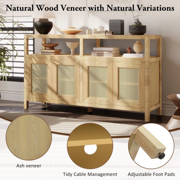 Bohemian Rattan Buffet Storage Cabinet with Solid Wood Frame, 3-Position Adjustable Shelves & Push-to-Open Handle-Free Design for Living & Dining Rooms