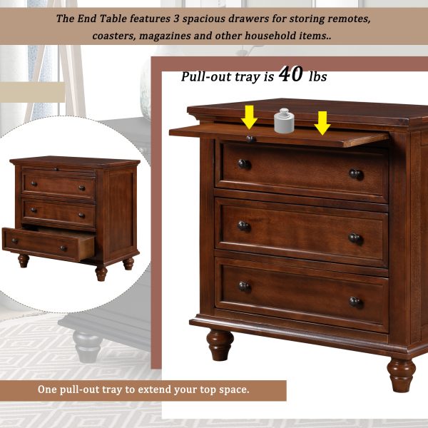 27.6'' Nightstand with Pine Wood Veneer, Modern Bedside Cabinet with 3 Drawers & Pull-Out Tray, Minimalist Side Table with Rubber Feet & Metal Handles for Bedroom, Living Room, Sofa Couch & Office