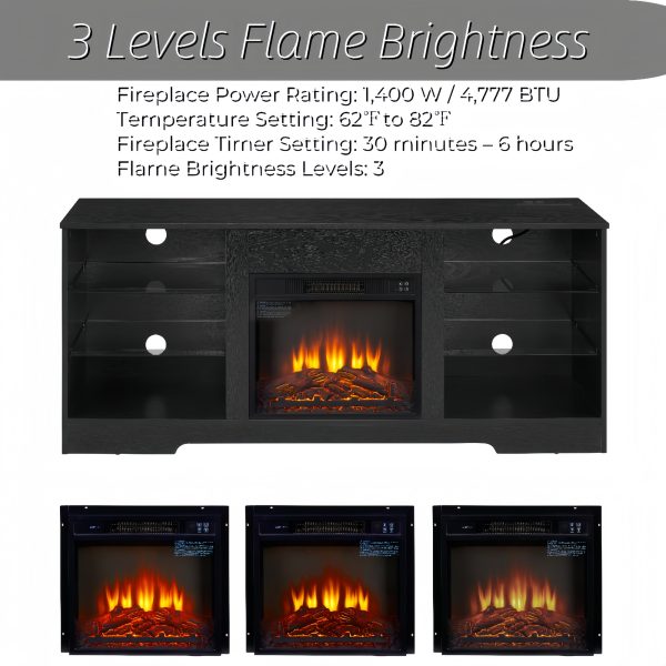Electric Fireplace TV Stand with 3D Flame, LED Lights, Glass Shelves & USB Charging, Modern Wooden Media Center