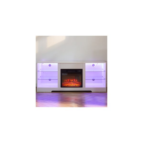Modern Wooden Electric Fireplace TV Stand with 3D Fireplace, LED Lights, Glass Shelves & USB Charging Port, Media Center Table for TVs