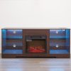 Modern Wooden TV Stand with 3D Electric Fireplace, LED Lights, Glass Shelves & USB Charging Outlet, Entertainment Console for TVs