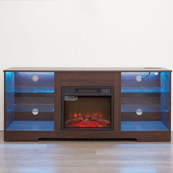 Modern Wooden TV Stand with 3D Electric Fireplace, LED Lights, Glass Shelves & USB Charging Outlet, Entertainment Console for TVs