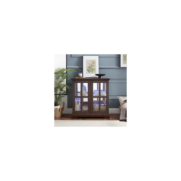 4-206.jpg LED Lighted Curio Display Cabinet with Lattice Doors, Retro Style Storage Bookcase with Adjustable Shelves, Elegant Antique Showcase for Home Decoration & Organization