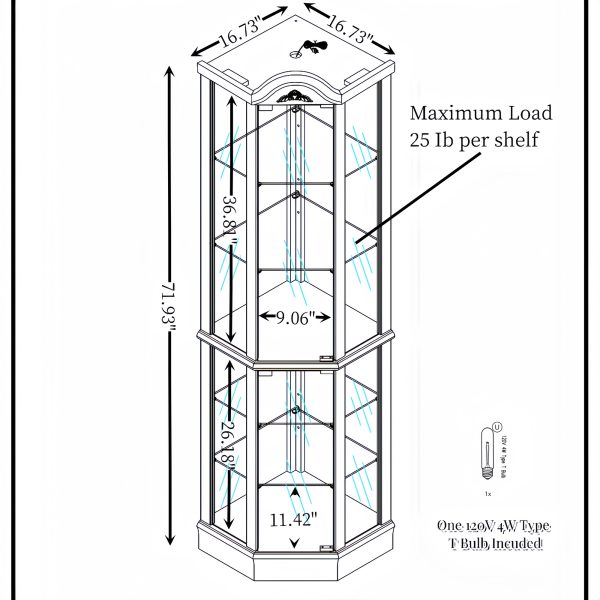 4-214.jpg Lighted Corner Glass Curio Cabinet, Wine & Bar Display Cabinet with Adjustable Glass Shelves & Carved Decor (Light Included)
