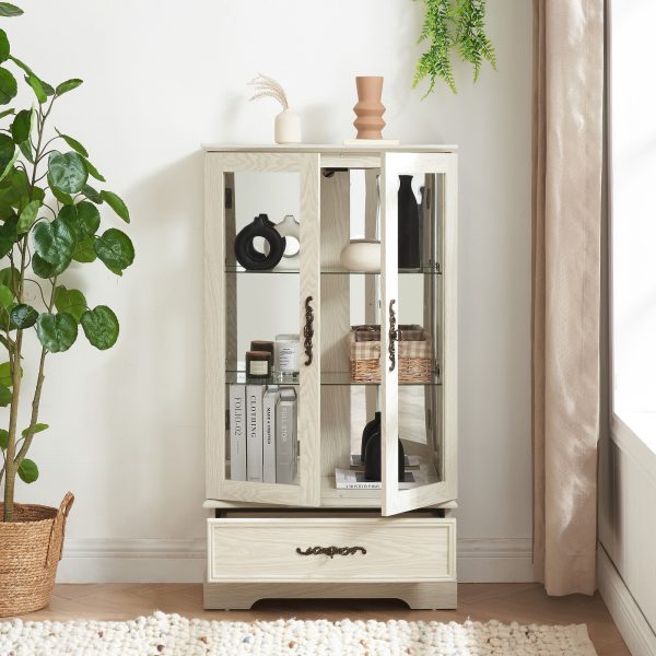 4-218.jpg Lighted Glass Curio Display Cabinet with Adjustable Glass Shelves, 2 Doors & 1 Drawer, Bulb Included
