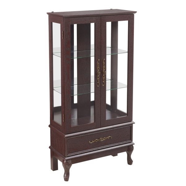 Lighted Glass Curio Cabinet with Adjustable Glass Shelves, 2 Doors & 1 Drawer, Multifunctional Display/Wine Storage Cabinet, Sideboard with Included Bulb