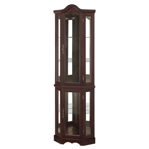 Lighted Corner Curio Cabinet with Tempered Glass Doors & Shelves, Elegant Dark Oak Finish Display & Storage Cabinet for Living Room & Bedroom Decor