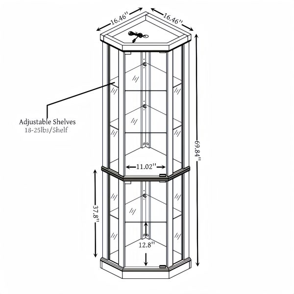 4-235.jpg Lighted Corner Curio Cabinet, Elegant Glass Display Case for Living Room & Bar Storage, Ideal for Antique Collections and Wine Display with Built-in Lighting