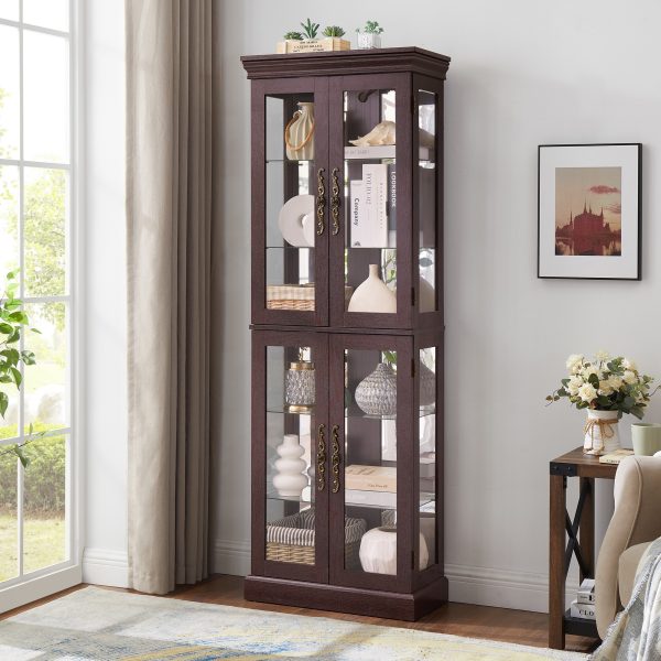 Lighted Glass Curio Display Cabinet with Wooden Frame, Multifunctional Glass Storage & Wine Cabinet, Ideal for Toy Display in Living Room, Kitchen and Pantry (Light Bulb Included)