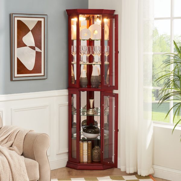 4-242.jpg Lighted Corner Curio Display Cabinet with Tempered Glass Door & Adjustable Glass Shelves, Multi-Use Bar Storage Cabinet with Included Bead Bulb