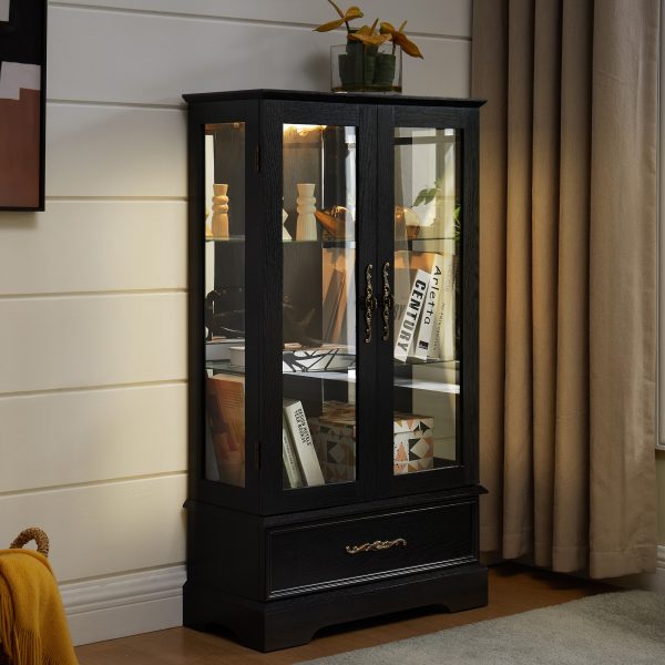 Lighted Glass Curio Cabinet with Adjustable Shelves, Elegant 2-Door Display Cabinet Featuring a Built-in Drawer, Bulb Included
