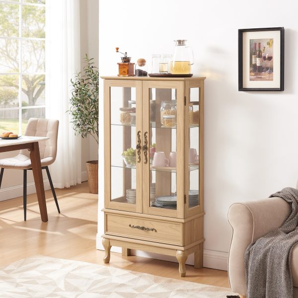 Lighted Glass Curio & Wine Cabinet with Adjustable Glass Shelves, 2 Doors, 1 Drawer, Sideboard Design, and Included Bulb