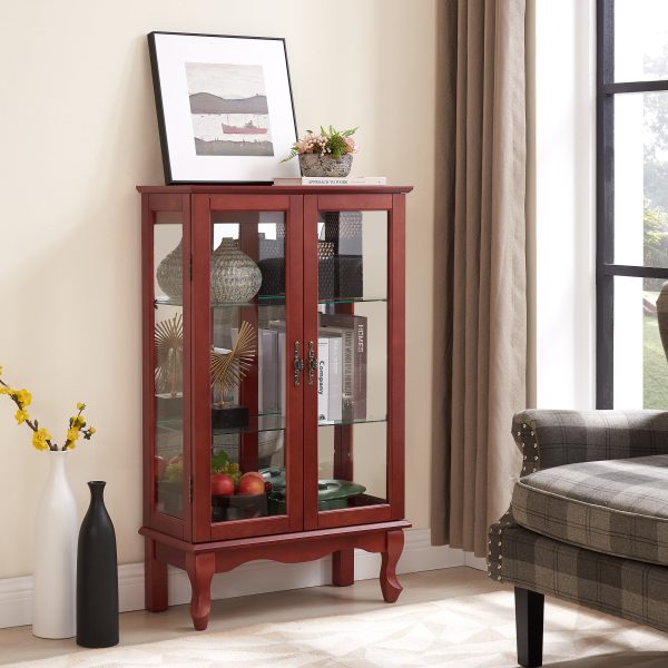 2-Door Curio Cabinet with Tempered Glass Doors, Mirrored Back Panel & Adjustable Shelves, Lighted Display Cabinet for Home and Office, Bulb Included