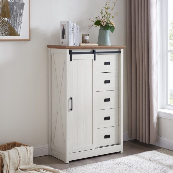 4-257.jpg 5-Drawer Dresser with Sliding Barn Door, Modern Farmhouse Tall Chest of Drawers, Versatile Storage Organizer for Bedroom, Hallway and Living Room