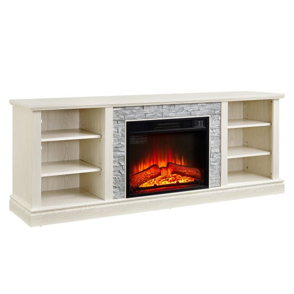Large Faux Stacked Stone Media Console with Storage Cabinet & Rack, Modern TV Stand with 23-Inch Fireplace Insert