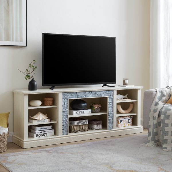 4-259.jpg Large TV Media Entertainment Stand with Faux Stacked Stone Surround, Media Console Table and Spacious Storage Cabinet