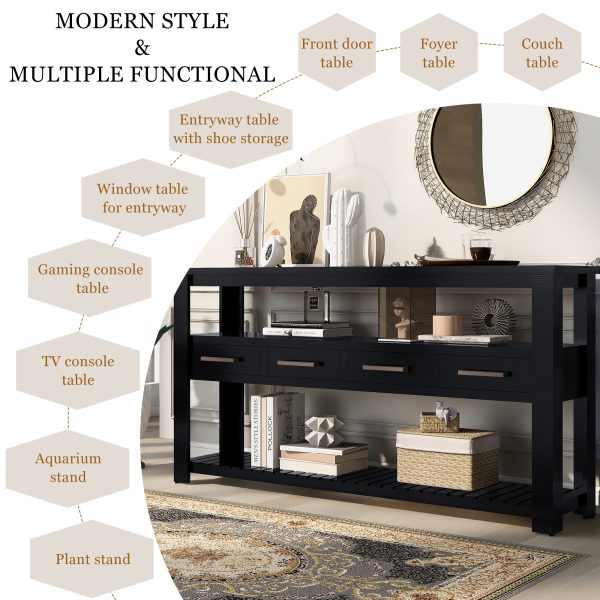 61.5'' Large Entryway Console Table with 4 Drawers & 3-Tier Open Shelves, Painted Design with Metal Handles, Versatile Sofa Table for Living Room, Bedroom, Foyer & Kitchen