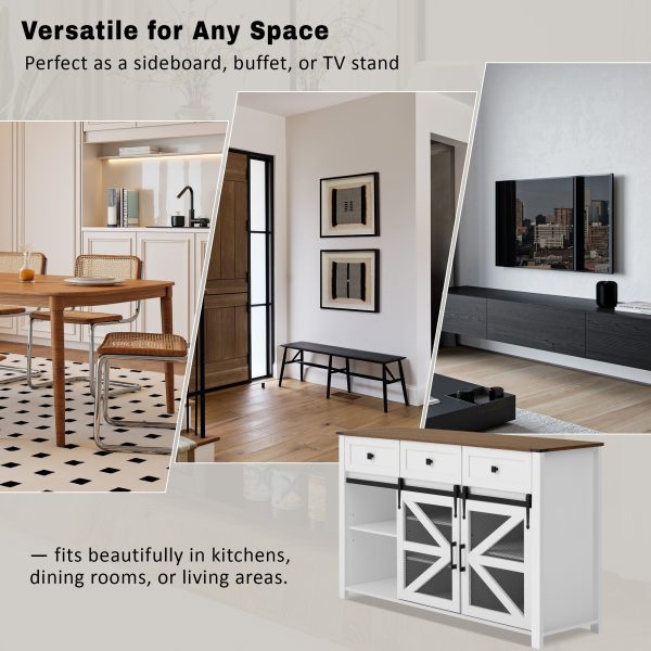 55'' Industrial Sliding Barn Door Sideboard Buffet Cabinet - 3 Drawers, Adjustable Shelves, Metal Mesh & Particleboard Doors, Aluminum Handles, Ideal for Living Room & Dining Room Storage