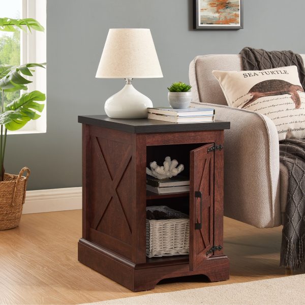 4-273.jpg Farmhouse Rectangular End Table with Barn Door & Adjustable Storage Shelf, Rustic Sofa Side Table for Living Room and Bedroom
