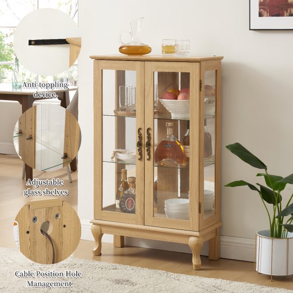 Elegant Light Oak Curio Cabinet with Tempered Glass Doors, LED Lighting, Mirrored Back & Adjustable Shelves, Ideal Display Storage for Home & Office