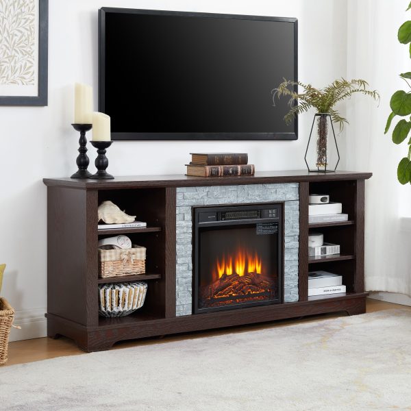 4-287.jpg Mantel Electric Fireplace TV Media Stand with Faux Stacked Stone Surround, Modern Entertainment Console with Open Storage & 18" Fireplace Insert