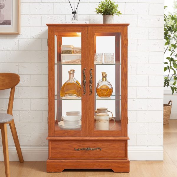Lighted Glass Curio Display Cabinet with Adjustable Glass Shelves, 2 Doors & 1 Drawer C Light Bulb Included