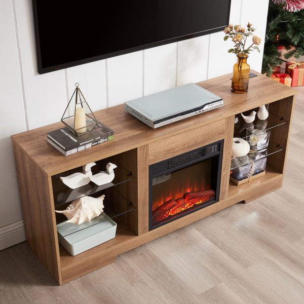 4-301.jpg Modern Electric Fireplace TV Stand with 3D Fireplace, LED Lights, Glass Shelves & USB Charging Port
