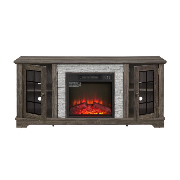 Modern 58" TV Stand with 18" Electric Fireplace, Faux Stone Media Console & 2-Door Storage, Grey Living Room Entertainment Center