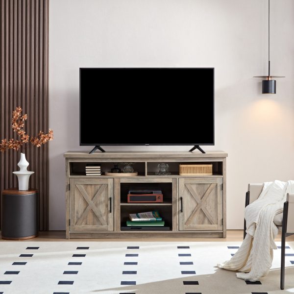 Farmhouse Barn Door TV Media Stand, Modern Entertainment Console for TVs Up to 65" with Open & Closed Storage