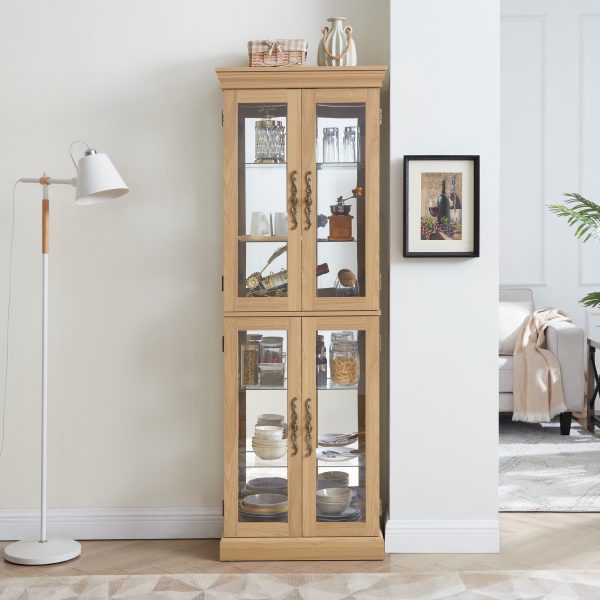 Lighted Glass Curio Cabinet with Wood Frame, Multifunctional Storage for Wine, Toys & Home Decor (Bulb Included)