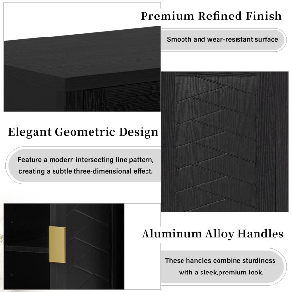 Multi-Functional 4-Door Storage Sideboard with Open Shelf & 2-Tier Adjustable Shelves, Modern Cabinet with Double Hooks for Living Room, Hallway, Dining Room & Office