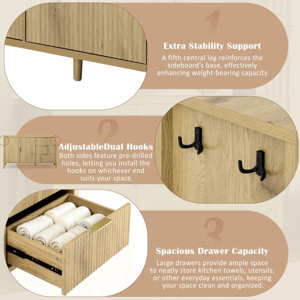 Modern Wave-Pattern Storage Sideboard with 3 Drawers, Large-Capacity Buffet Cabinet with Built-in Hooks & Extra Center Support Leg, Suitable for Living Room, Entryway & Hallway