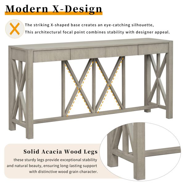 4-46.jpg 60'' Acacia Veneer Console Table with 4 Spacious Drawers, Modern Crisscross Design Entryway Table with Open Bottom Storage, Farmhouse Sofa Table for Living Room, Kitchen, Dining Room & Hallway