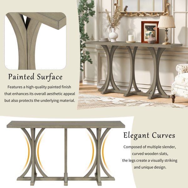 59.8'' Wooden Console Table with Oak Veneer Tabletop, Farmhouse Entryway Table with Slender Curved Rubber Wood Legs, Ideal for Living Room, Entryway, Hallway and Dining Areas