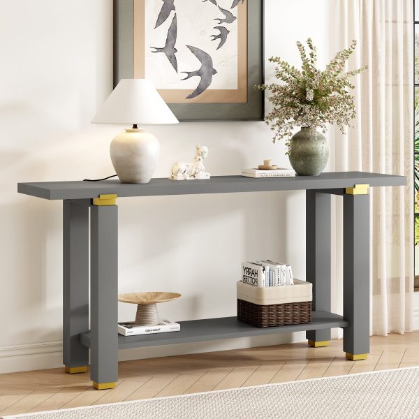 62.9" Modern Minimalist Console Table, Solid Wood Entryway & Sofa Table with Metal Accents and Built-in Storage Shelf, for Living Room and Hallway (3 Color Options: Black, Gray, Natural)