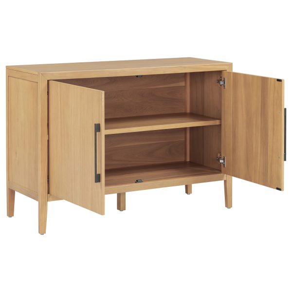 4-8.jpg 47.25-Inch Farmhouse Sideboard with Pine Veneer, 2-Door Retro Buffet & Minimalist Wooden Storage Cabinet with Metal Handles and Adjustable Feet for Living Room & Kitchen