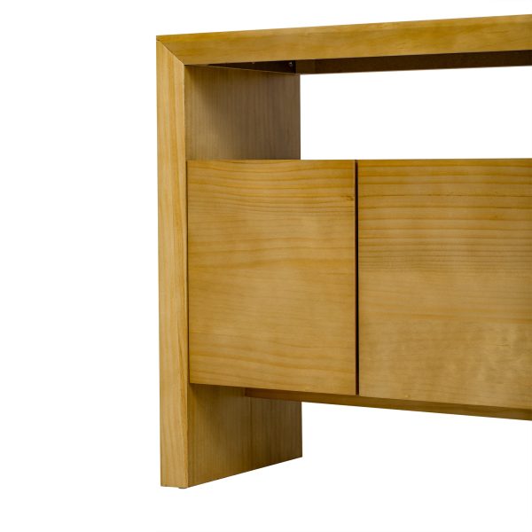 4-85.jpg 60" 4-Door Modern Minimalist Sideboard with Solid Wood Veneer & Open Shelf, Natural Wood Grain Storage Console for Living Room, Hallway & Dining Area
