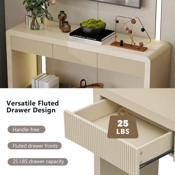 Rustic Console Table with 3 Fluted Drawers, Solid Wood Veneer Entryway Table with Natural Wood Grain for Living Room & Hallway