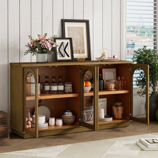 4-Door Arched Buffet Cabinet with Glass Doors & Large Storage, Adjustable Shelves for Kitchen, Dining Room & Living Room