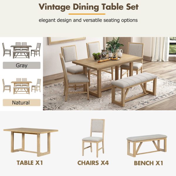 6-Piece Retro Dining Set for 6, 60" Wooden Kitchen Table with 4 Chairs & Bench, Trestle Base Design for Kitchen & Dining Room