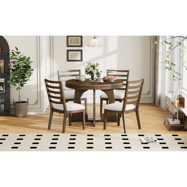 Retro 5-Piece Dining Set, Extendable Round Dining Table with 16" Removable Middle Leaf, Unique Geometric Design for Kitchen & Dining Room (with Chairs)