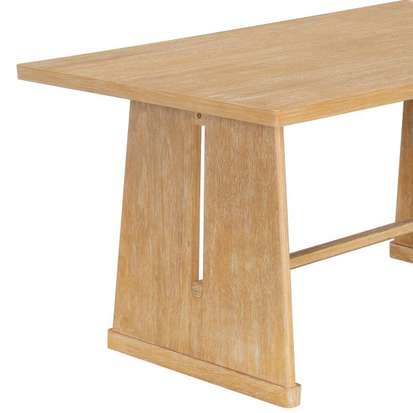 5-139.jpg 6-Piece Rustic Farmhouse Dining Set, Wire Brushed Rectangular Table with Trapezoid Legs, 4 Linen-Upholstered Chairs & 1 Padded Bench for Dining Room & Kitchen