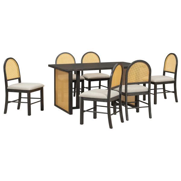 7-Piece Farmhouse Dining Set for 6, 59.8" Rectangular Table with Distressed Oak Veneer + 6 Rattan Chairs, Rustic Kitchen Furniture for Dining Room