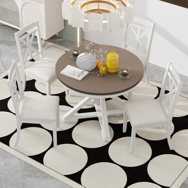 5-158.jpg 5-Piece Retro Functional Dining Set, Extendable Round Table & 4 Upholstered Chairs for Dining Room & Living Room